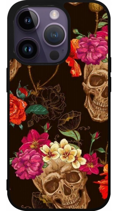 iPhone 15 Pro Case Hülle - Silikon schwarz Skulls and flowers