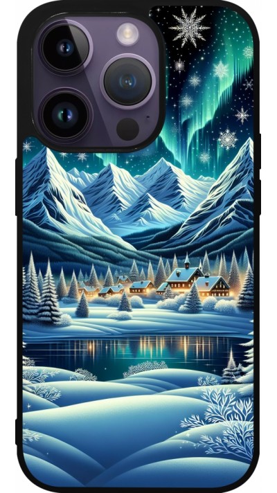 iPhone 15 Pro Case Hülle - Silikon schwarz Verschneites Bergdorf am See in der Nacht