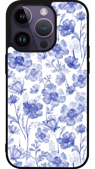 iPhone 15 Pro Case Hülle - Silikon schwarz Spring 23 watercolor blue flowers
