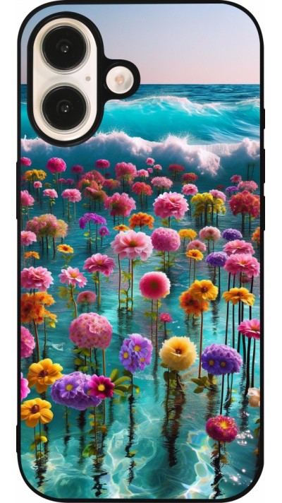 Coque iPhone 16 - Silicone rigide noir Flower sea waves