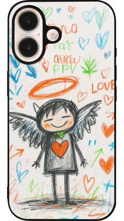 Coque iPhone 16 - Silicone rigide noir Little Angel Sketch Love