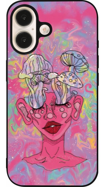 Coque iPhone 16 - Silicone rigide noir Psychedelic pink mushroom