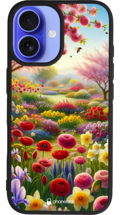 Coque iPhone 16 - Silicone rigide noir Spring 25 Bouquet printemps