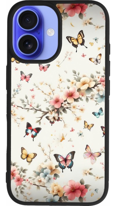 Coque iPhone 16 - Silicone rigide noir Spring 25 Papillons Légers
