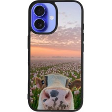 Coque iPhone 16 - Silicone rigide noir Cow with tulips Spring 2026