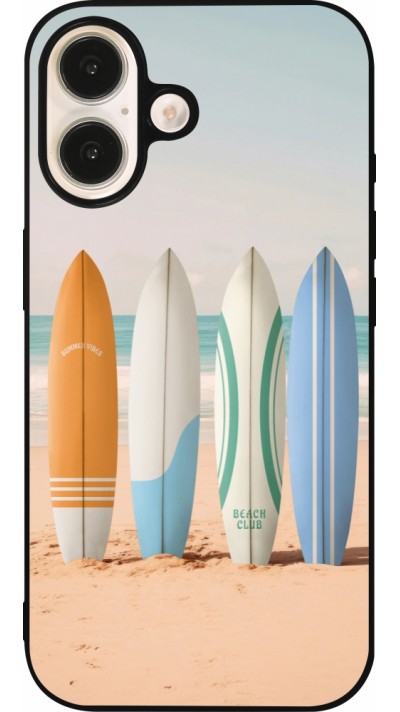 Coque iPhone 16 - Silicone rigide noir Summer surfboard 2025
