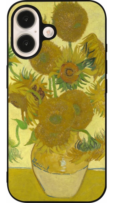 Coque iPhone 16 - Silicone rigide noir Tableau art - Les Tournesols - Van Gogh