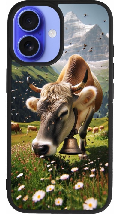 Coque iPhone 16 - Silicone rigide noir Vache montagne Valais