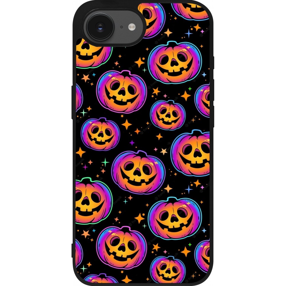 iPhone 16e Case Hülle - Silikon schwarz Halloween 2024 rainbow pumpkins