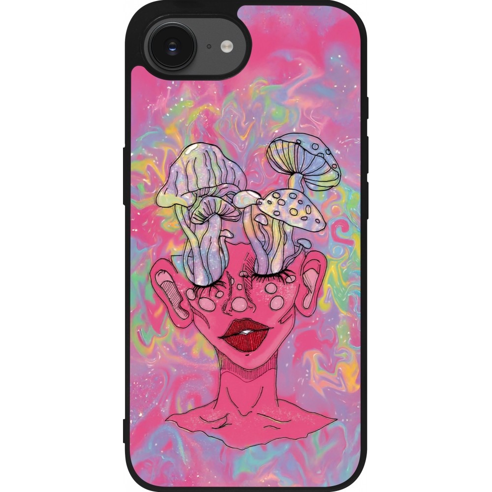 iPhone 16e Case Hülle - Silikon schwarz Psychedelic pink mushroom