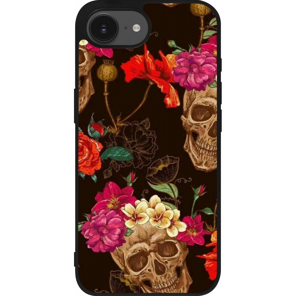 iPhone 16e Case Hülle - Silikon schwarz Skulls and flowers
