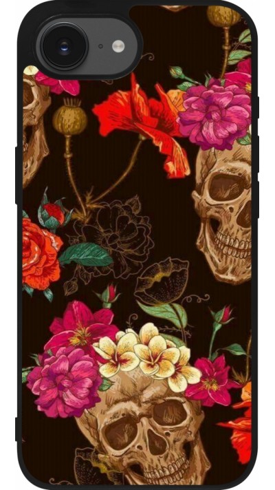 iPhone 16e Case Hülle - Silikon schwarz Skulls and flowers