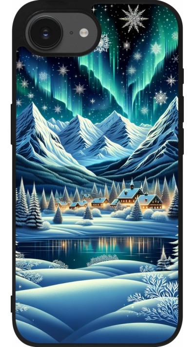 iPhone 16e Case Hülle - Silikon schwarz Verschneites Bergdorf am See in der Nacht