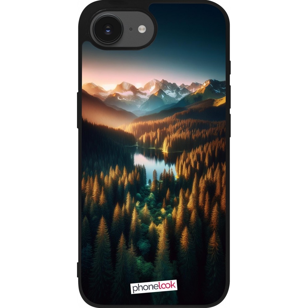 iPhone 16e Case Hülle - Silikon schwarz Sonnenuntergang Waldsee