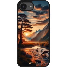 Coque iPhone 17e / 16e - Silicone rigide noir Valley Sunset Deer Tree