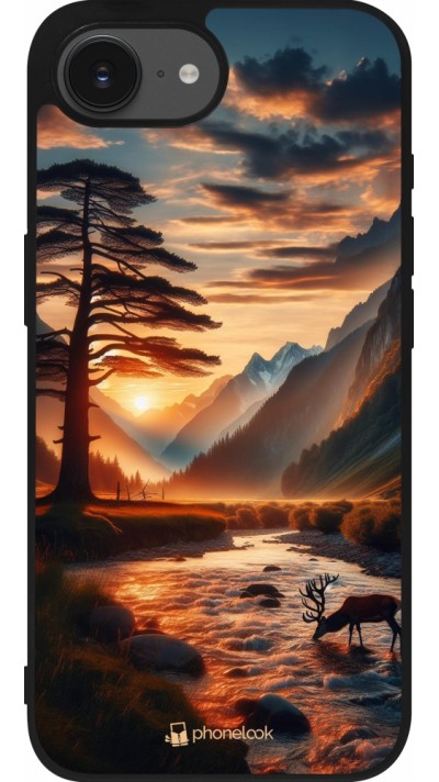 iPhone 16e Case Hülle - Silikon schwarz Tal Sonnenuntergang Hirsch Baum