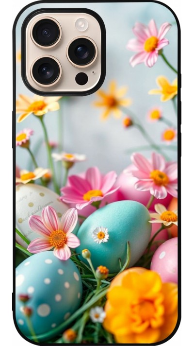 iPhone 16 Pro Max Case Hülle - Silikon schwarz Easter 2026 Eggs with flowers
