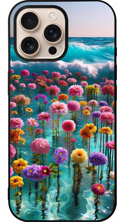 Coque iPhone 16 Pro Max - Silicone rigide noir Flower sea waves