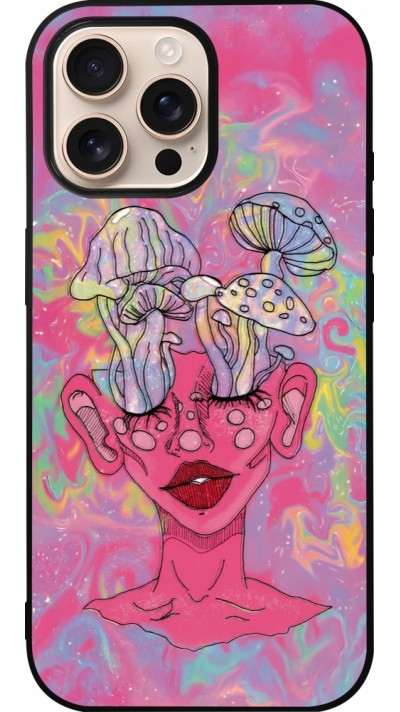 Coque iPhone 16 Pro Max - Silicone rigide noir Psychedelic pink mushroom