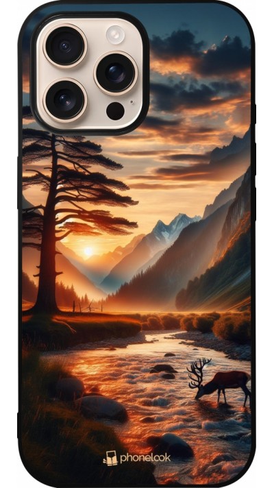 iPhone 16 Pro Max Case Hülle - Silikon schwarz Tal Sonnenuntergang Hirsch Baum