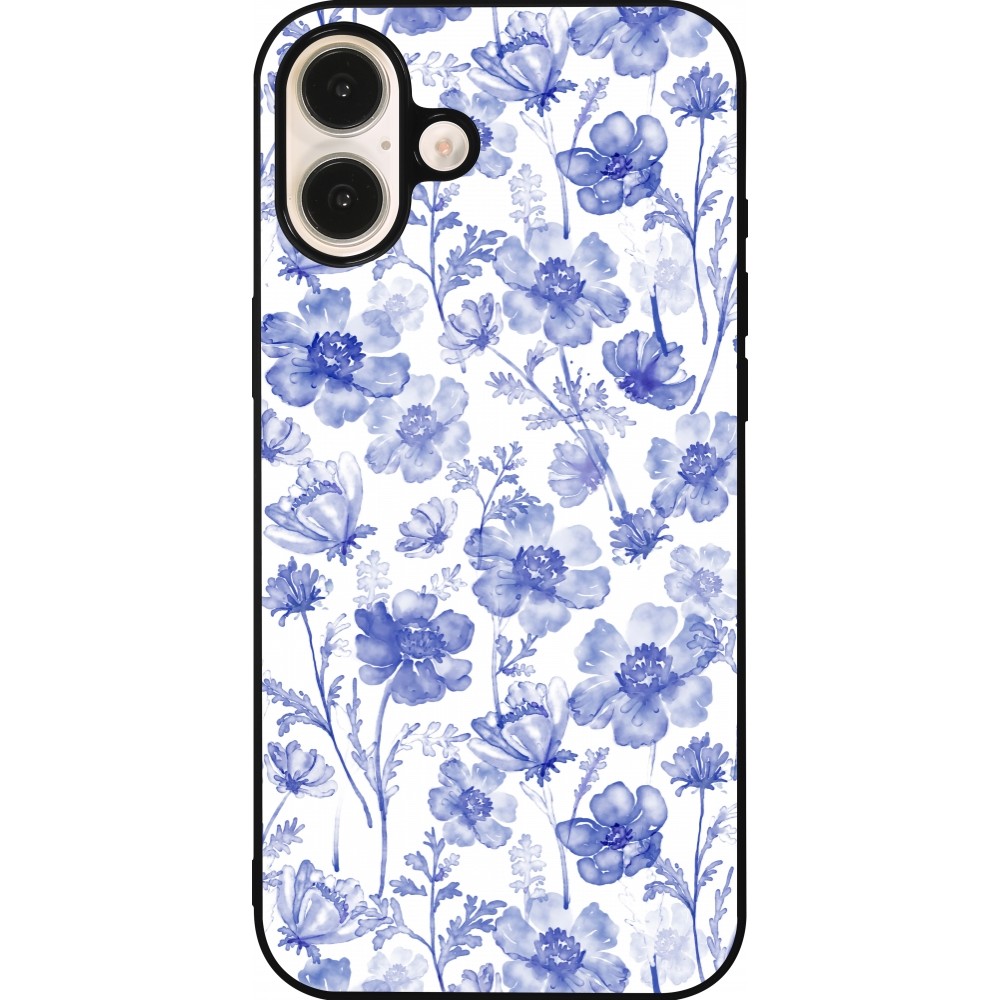iPhone 16 Plus Case Hülle - Silikon schwarz Spring 23 watercolor blue flowers