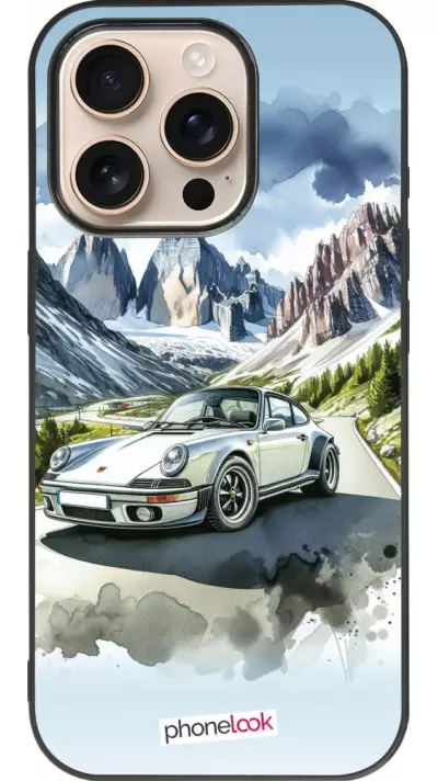 Coque iPhone 16 Pro - Silicone rigide noir Porsche 911 Mountain Watercolor