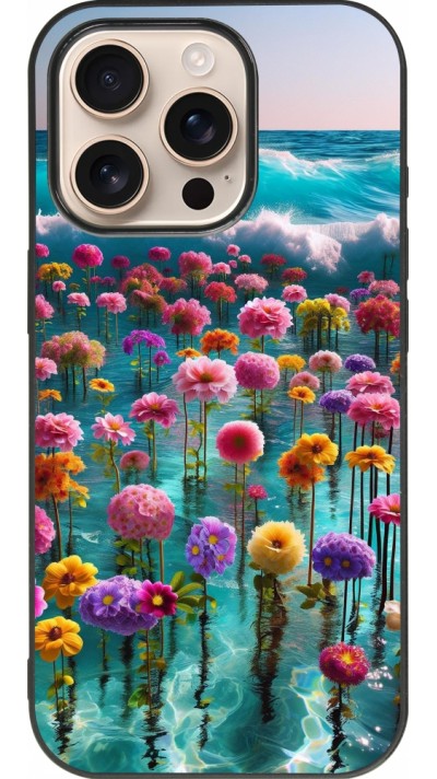 Coque iPhone 16 Pro - Silicone rigide noir Flower sea waves