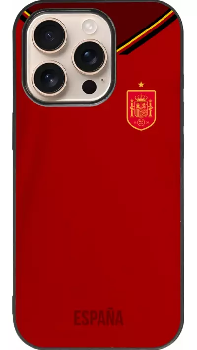 Coque iPhone 16 Pro - Silicone rigide noir Maillot de football Espagne 2022 personnalisable