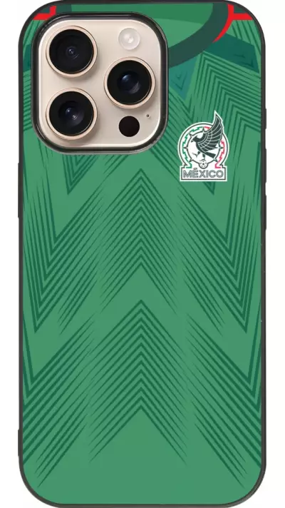 Coque iPhone 16 Pro - Silicone rigide noir Maillot de football Mexique 2022 personnalisable
