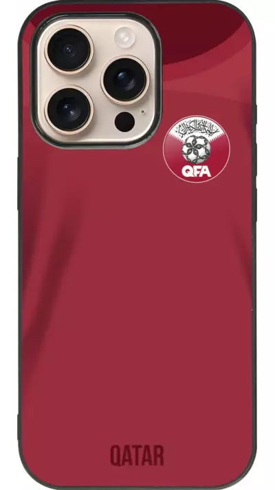 Coque iPhone 16 Pro - Silicone rigide noir Maillot de football Qatar 2022 personnalisable