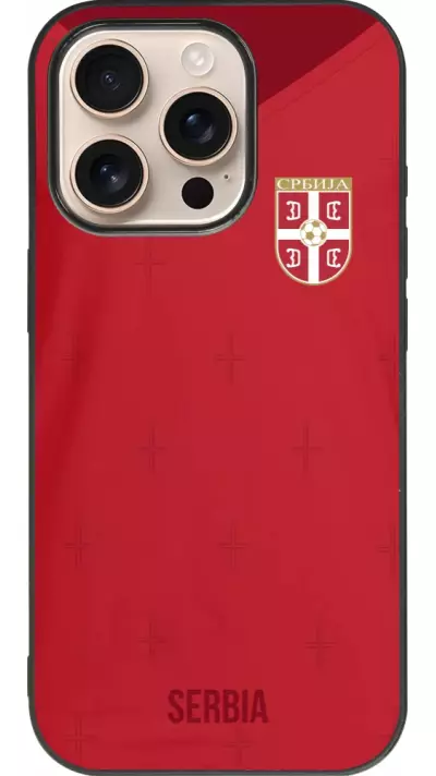 Coque iPhone 16 Pro - Silicone rigide noir Maillot de football Serbie 2022 personnalisable