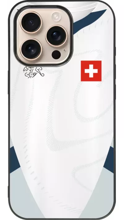 Coque iPhone 16 Pro - Silicone rigide noir Maillot de football Suisse Extérieur personnalisable