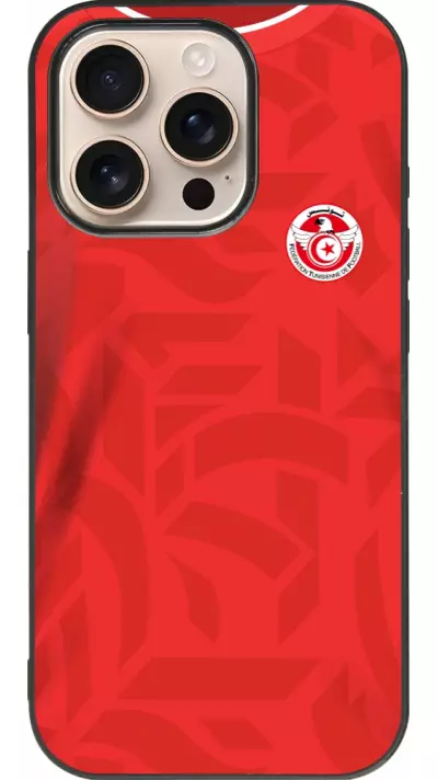 Coque iPhone 16 Pro - Silicone rigide noir Maillot de football Tunisie 2022 personnalisable