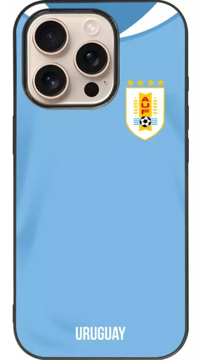 Coque iPhone 16 Pro - Silicone rigide noir Maillot de football Uruguay 2022 personnalisable