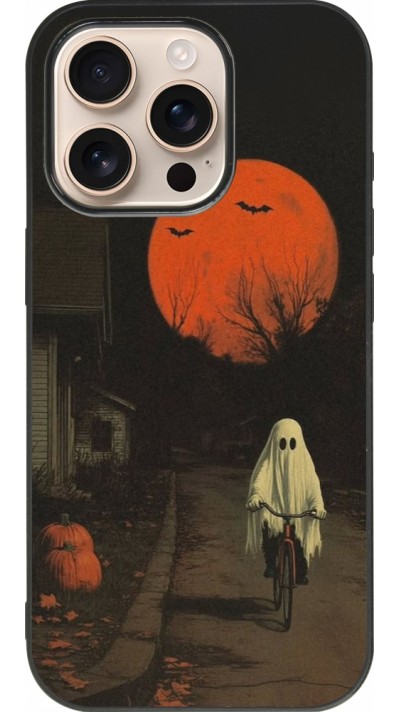 iPhone 16 Pro Case Hülle - Silikon schwarz Halloween 2025 Ghost on a bicycle