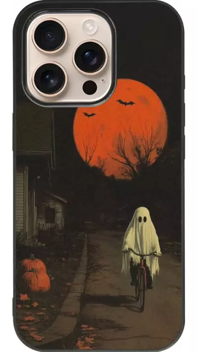 Coque iPhone 16 Pro - Silicone rigide noir Halloween 2025 Ghost on a bicycle