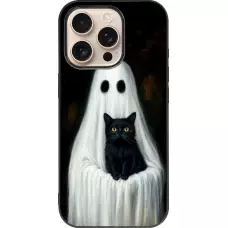 Coque iPhone 16 Pro - Silicone rigide noir Halloween 2025 Ghost with black cat