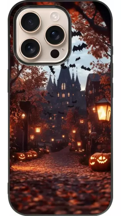 Coque iPhone 16 Pro - Silicone rigide noir Halloween 2025 Haunted house