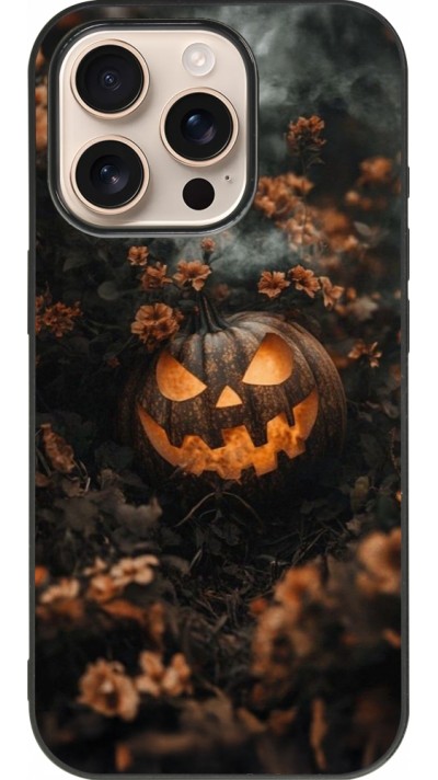 iPhone 16 Pro Case Hülle - Silikon schwarz Halloween 2025 Pumpkin with flowers