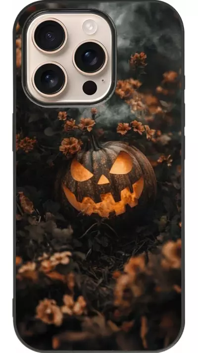 Coque iPhone 16 Pro - Silicone rigide noir Halloween 2025 Pumpkin with flowers