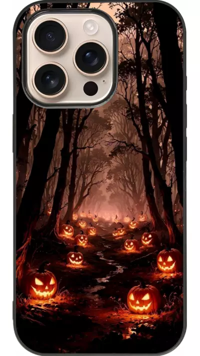 Coque iPhone 16 Pro - Silicone rigide noir Halloween 2025 Road of Terrifying Pumpkins