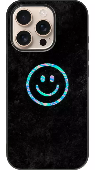 Coque iPhone 16 Pro - Silicone rigide noir Happy smiely irisé