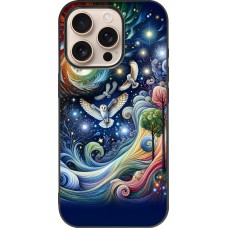 Coque iPhone 16 Pro - Silicone rigide noir hibou volant floral