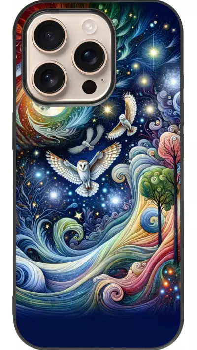 Coque iPhone 16 Pro - Silicone rigide noir hibou volant floral