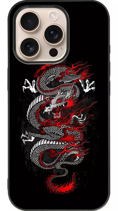 Coque iPhone 16 Pro - Silicone rigide noir Japanese style Dragon Tattoo Red Black