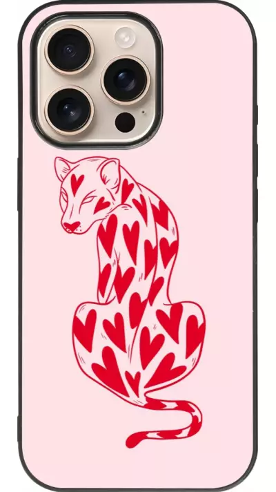 Coque iPhone 16 Pro - Silicone rigide noir Leopard with hearts 2026