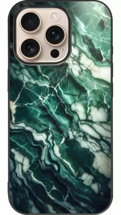 Coque iPhone 16 Pro - Silicone rigide noir Marbre vert majestueux