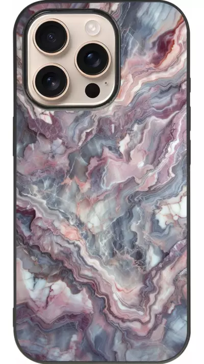 Coque iPhone 16 Pro - Silicone rigide noir Marbre violette argentée
