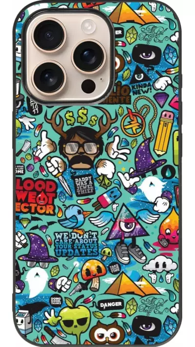 Coque iPhone 16 Pro - Silicone rigide noir Mixed Cartoons Turquoise
