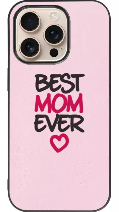 Coque iPhone 16 Pro - Silicone rigide noir Mom 2023 best Mom ever pink